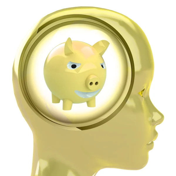 Желтая человеческая голова с облаком мозга с золотой свиньей внутри — стоковое фото