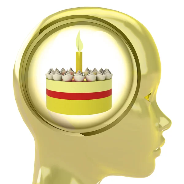 Yellow human head with brain cloud with fancy cake inside — Stock Photo, Image