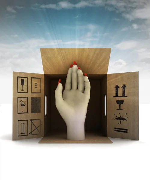 Człowieka pomocną rękę pakiet dostawy z niebo pochodni — Zdjęcie stockowe