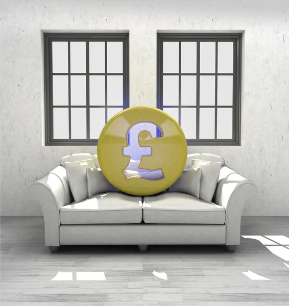 Invest Pound coins to confortable interior design render — Stock Photo, Image
