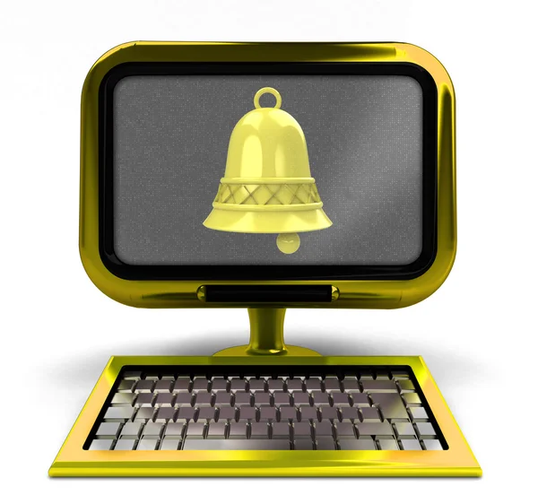 Golden metallic computer with yellow bell on screen isolated — Stock Photo, Image