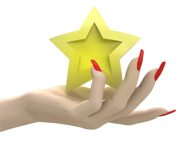 Isolated golden star in women hand render — Stock Photo, Image