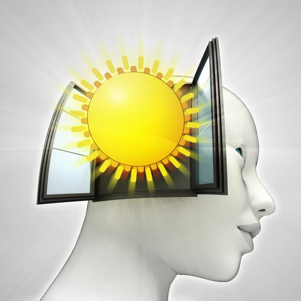 Sol de verano brillante que sale o en la cabeza humana a través del concepto de ventana — Foto de Stock