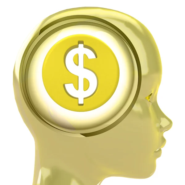 Gul mänskliga huvudet med hjärnan moln med dollar mynt inuti — Stockfoto