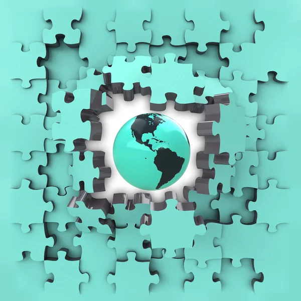 Blue puzzle jigsaw with America globe revelation — Zdjęcie stockowe