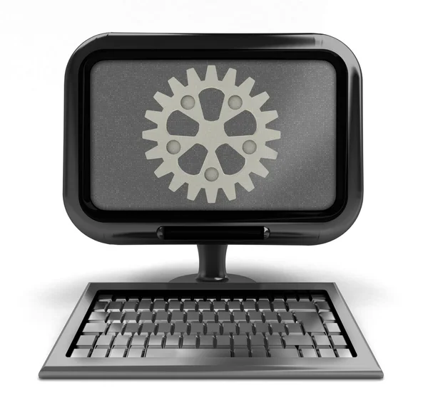 Metalowe komputer z zębatego na ekranie koncepcja na białym tle — Zdjęcie stockowe