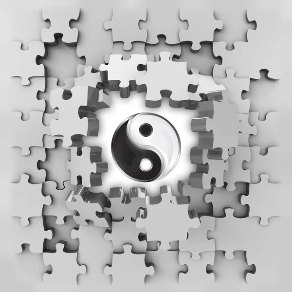 Grijze puzzel puzzel met yin en yang openbaring — Stockfoto