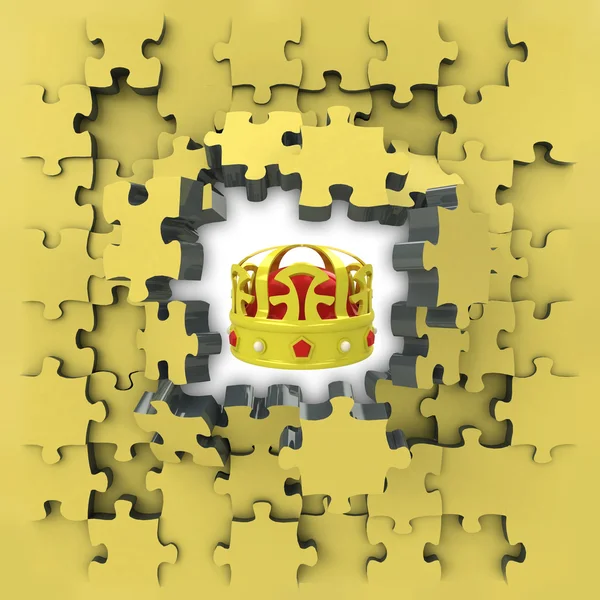 Yellow puzzle jigsaw with royal crown idea revelation — Stock Photo, Image