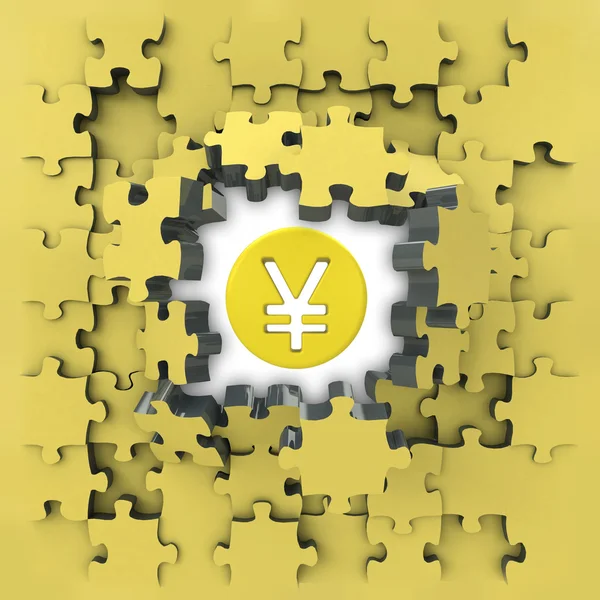 Yellow puzzle jigsaw with Yuan coin idea revelation — Stock Photo, Image