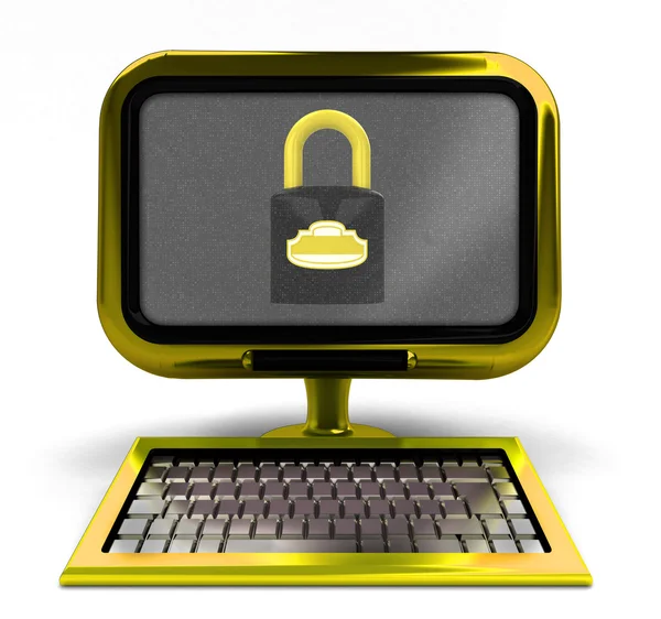 Golden metallic computer with closed padlock on screen isolated — Stock Photo, Image