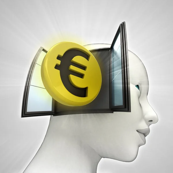 Euro mince investiční blíží, nebo v lidské hlavě přes okno koncept — Stock fotografie