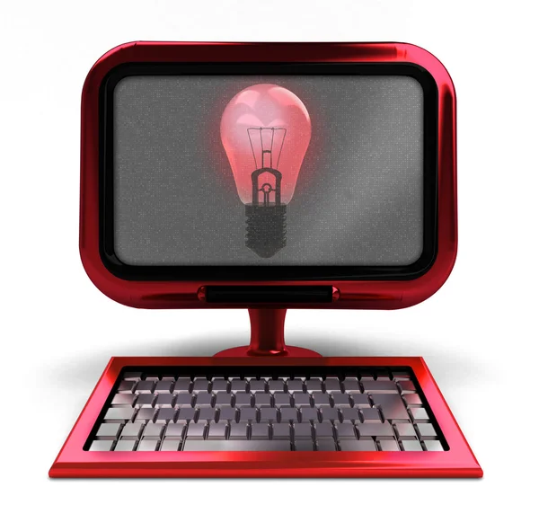 Red metallic computer with shiny bulb on screen isolated — Stock Photo, Image