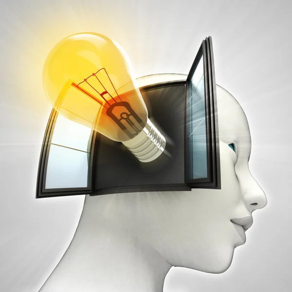 Yellow shining bulb invention coming out or in human head through window concept — Stock Photo, Image