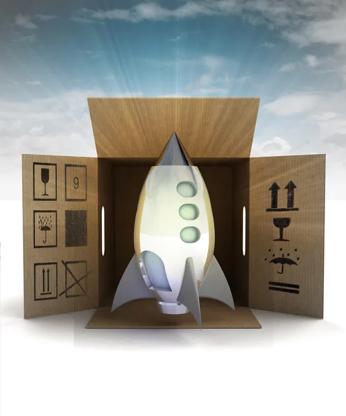 Uzay gemisi oyuncak ürün teslim gökyüzü parlama ile — Stok fotoğraf
