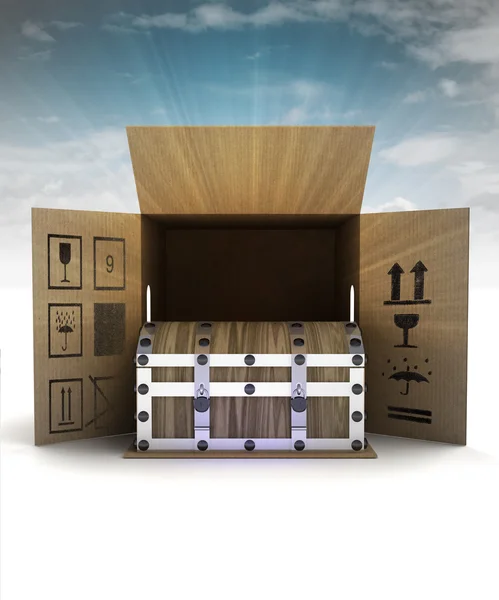 Wooden chest with treasure delivery with sky flare — Stock Photo, Image