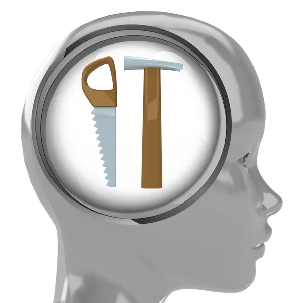 Metallic human head with brain cloud with tools inside — Stock Photo, Image