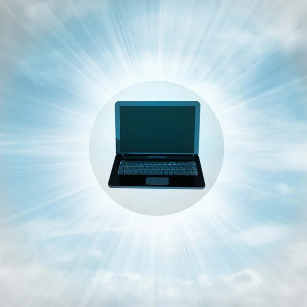 Vliegende laptop in glanzende zeepbel in de lucht met flare — Stockfoto