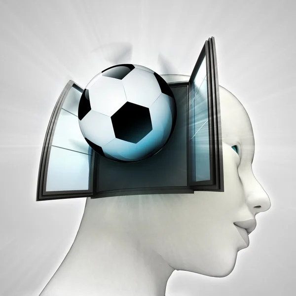 Voetbal sport afkomstig uit of in menselijk hoofd via venster concept — Stockfoto