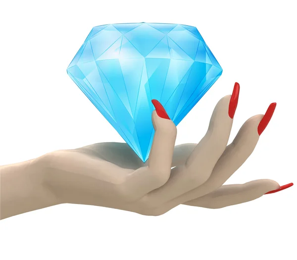 Isolated big pure diamond in women hand render — Stock Photo, Image