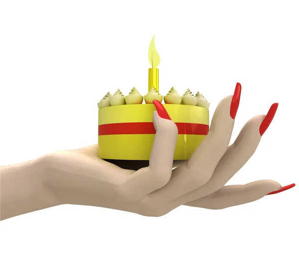 Isolated celebration cake in women hand render — Stock Photo, Image