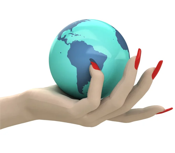 Isolated globe with south America in women hand render — Stock Photo, Image