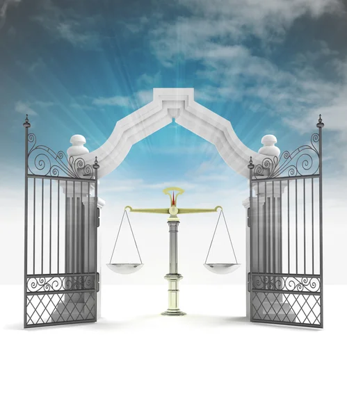 Weight of justice in heavenly gate with sky flare — Stock Photo, Image