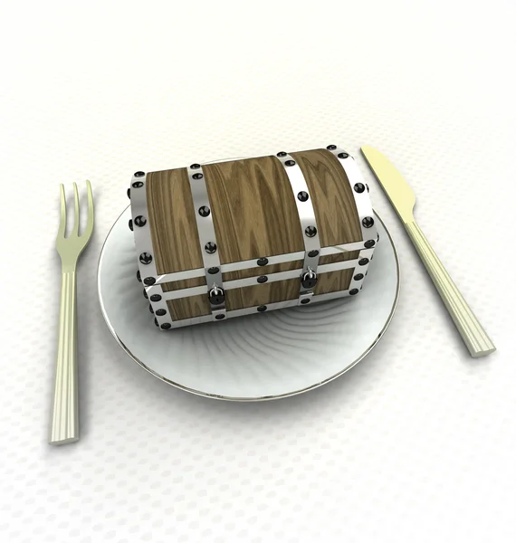 Segredo tesouro caixa de comida no prato render — Fotografia de Stock