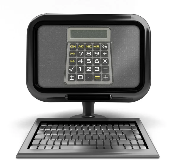 Metalowe komputer z business kalkulator na ekranie koncepcja na białym tle — Zdjęcie stockowe