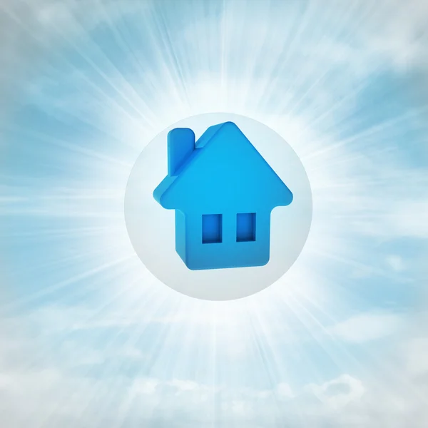 Μπλε σπίτι εικονίδιο σε γυαλιστερό φούσκα στον αέρα με φωτοβολίδα — Φωτογραφία Αρχείου
