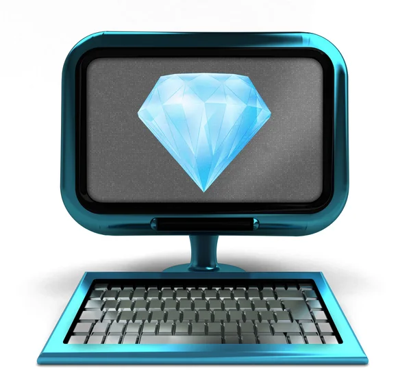 Blue Metallic Computer mit reinem Diamant auf dem Bildschirm Konzept isoliert — Stockfoto