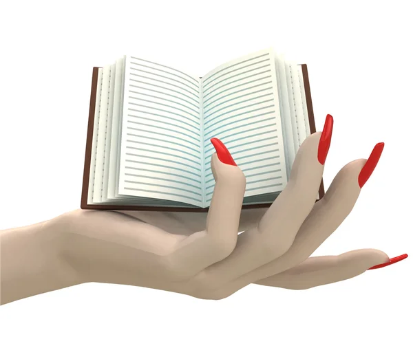 Livro aberto isolado em mulheres mão render — Fotografia de Stock