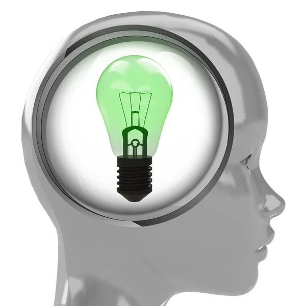 Beyin bulut içinde parlak yeşil ampul ile olan metalik insan kafası — Stok fotoğraf