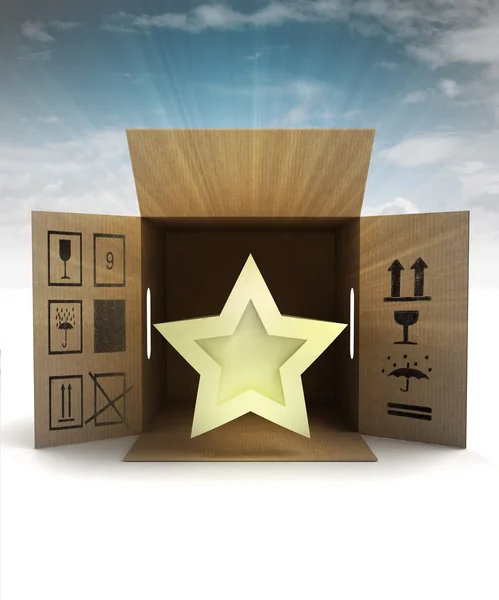 Golden holiday star product delivery with sky flare — Stock Photo, Image