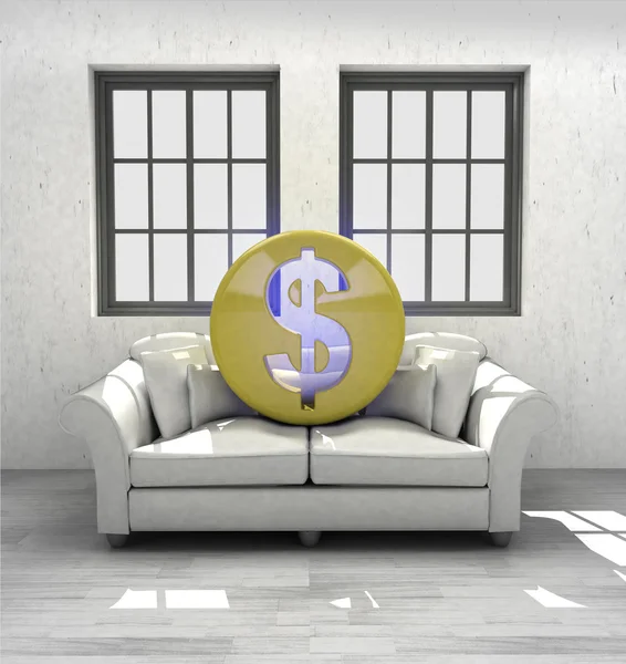 Invest Dollar coins to confortable interior design render — Stock Photo, Image