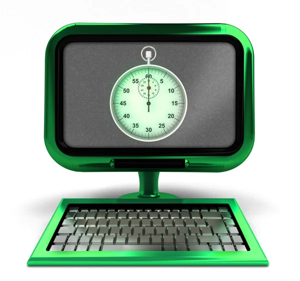 Groene metalen computer met stopwatch op scherm concept geïsoleerd — Stockfoto