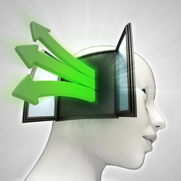 Wychodzi z koncepcja ludzkiego myślenia głowa strzałki wyobrażenie zielony — Zdjęcie stockowe