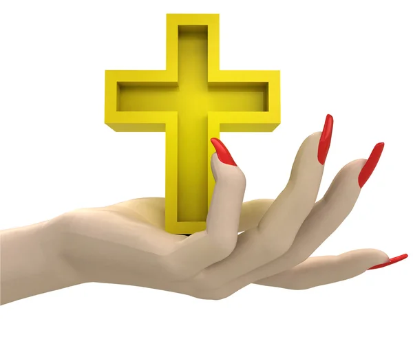 Ізольований золотий хрест у рендерингу рук жінок — стокове фото
