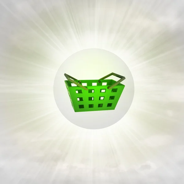 Green shopping basket in glossy bubble in the air with flare — Stock Photo, Image