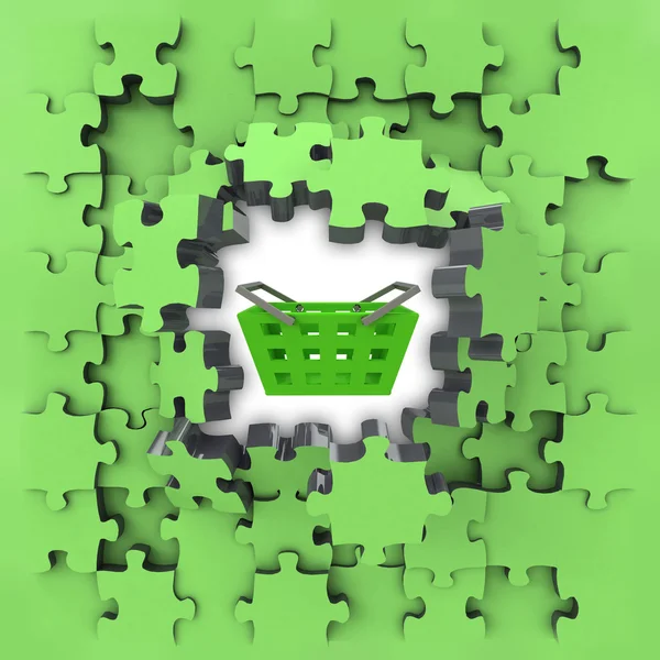 Groene puzzel puzzel met openbaring mand shopping — Stockfoto