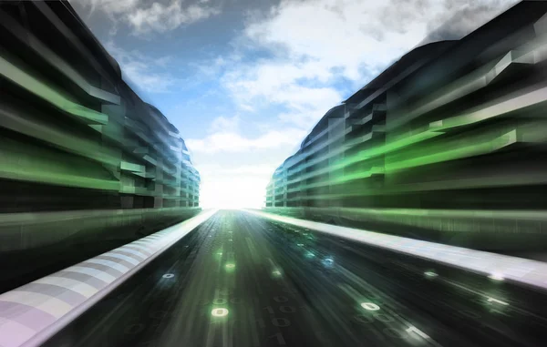 Futuristic city street with binary code on the road wallpaper — Stock Photo, Image