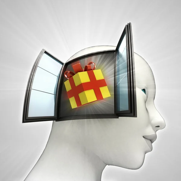 Cadeau verrassing komen uit of in menselijk hoofd via venster concept — Stockfoto