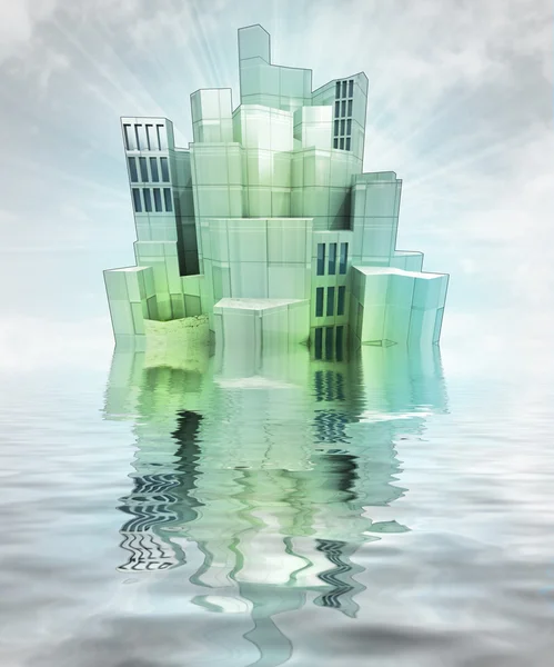 futuristic city island with water reflections and sky render