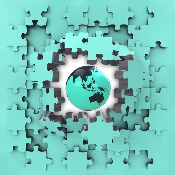 Blue puzzle jigsaw with Asia globe revelation — Stock Photo, Image