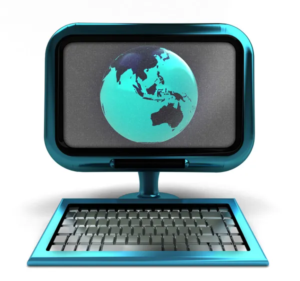 Синий металлический компьютер с азиатским глобусом на экране изолирован — стоковое фото