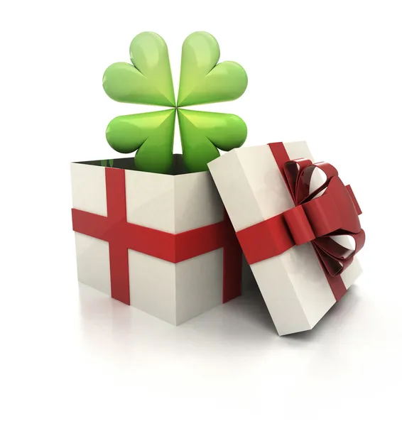 Mysterious magic gift with green lucky cloverleaf render — Stock Photo, Image