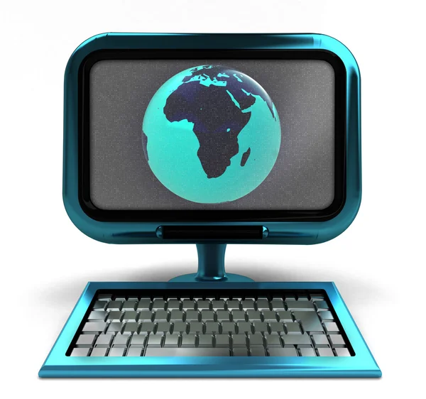 Blue metallic computer with Africa globe on screen isolated — Stock Photo, Image