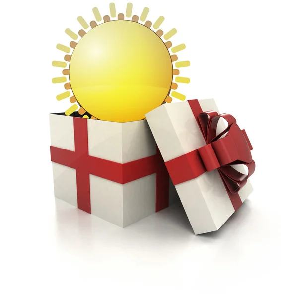 Geheimnisvolles magisches Geschenk mit leuchtend gelbem Sonnenschutz — Stockfoto