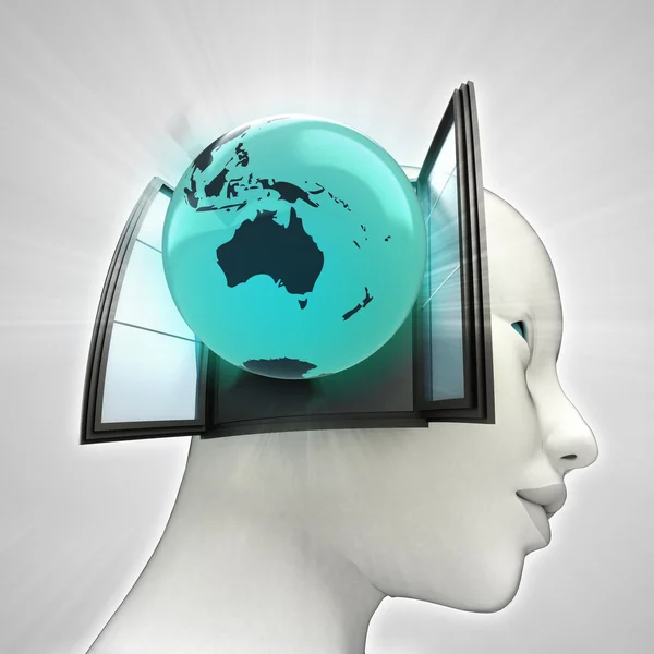 Australia globe coming out or in human head through window concept — Stock Photo, Image