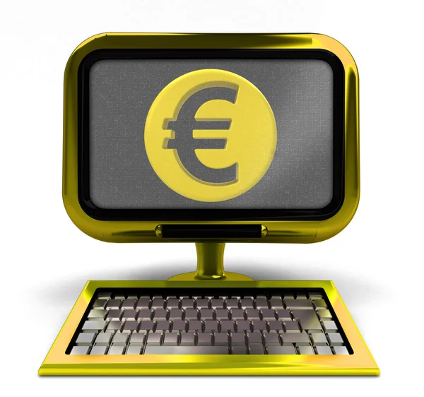 Golden bilgisayar ekranı izole kavramı üzerinde euro para ile — Stok fotoğraf