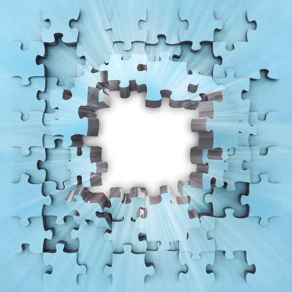 Blauwe puzzel jigsaw leeg frame met flare achtergrond — Stockfoto
